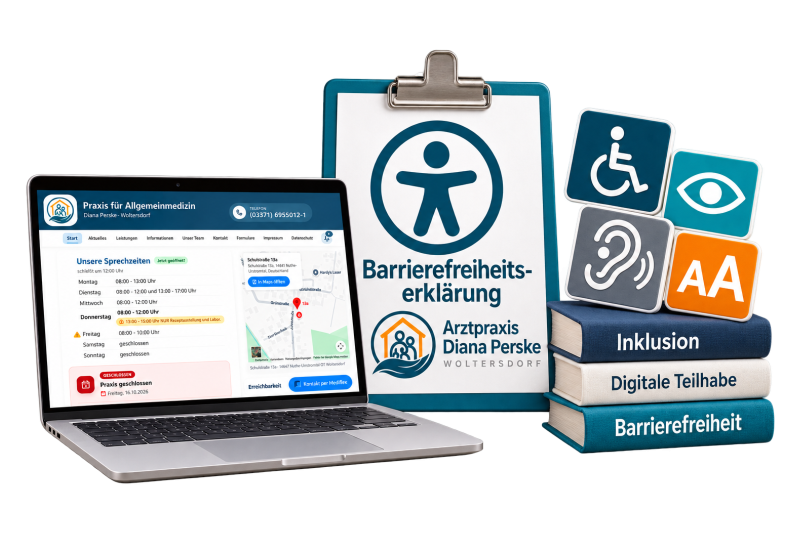 Illustration: Laptop mit der Praxis-Website, Klemmbrett „Barrierefreiheitserklärung“ mit dem Praxislogo, Symbole für Rollstuhl, Sehen, Hören und Schriftgröße sowie Bücher „Inklusion“, „Digitale Teilhabe“ und „Barrierefreiheit“
