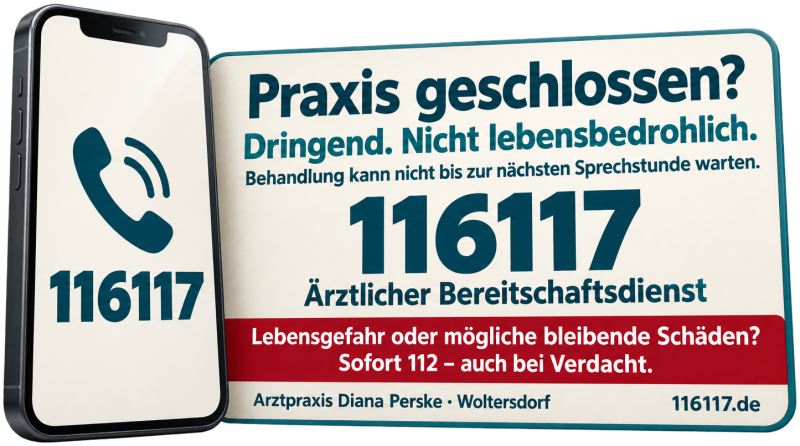 Grafik: Smartphone mit der Nummer 116117 neben einem Schild mit dem Text: Praxis geschlossen? Dringend. Nicht lebensbedrohlich. Behandlung kann nicht bis zur nächsten Sprechstunde warten. 116117 – Ärztlicher Bereitschaftsdienst. Lebensgefahr oder mögliche bleibende Schäden? Sofort 112 – auch bei Verdacht. Arztpraxis Diana Perske, Woltersdorf, 116117.de