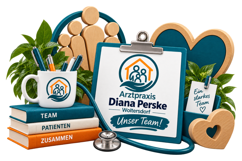 Grafik: Klemmbrett mit dem Praxislogo „Arztpraxis Diana Perske, Woltersdorf – Unser Team!“, davor ein Stethoskop, Bücher „Team“, „Patienten“, „Zusammen“, ein Becher mit Stiften und Praxislogo, Holzfiguren, Holzherzen und ein Zettel „Ein starkes Team“